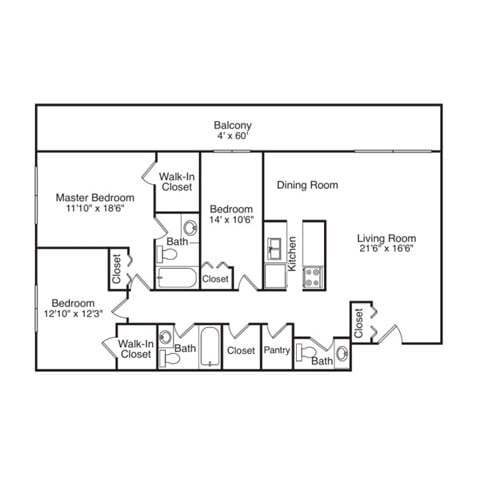 Floor plan for 3 beds, 2 baths, 1600 sqft